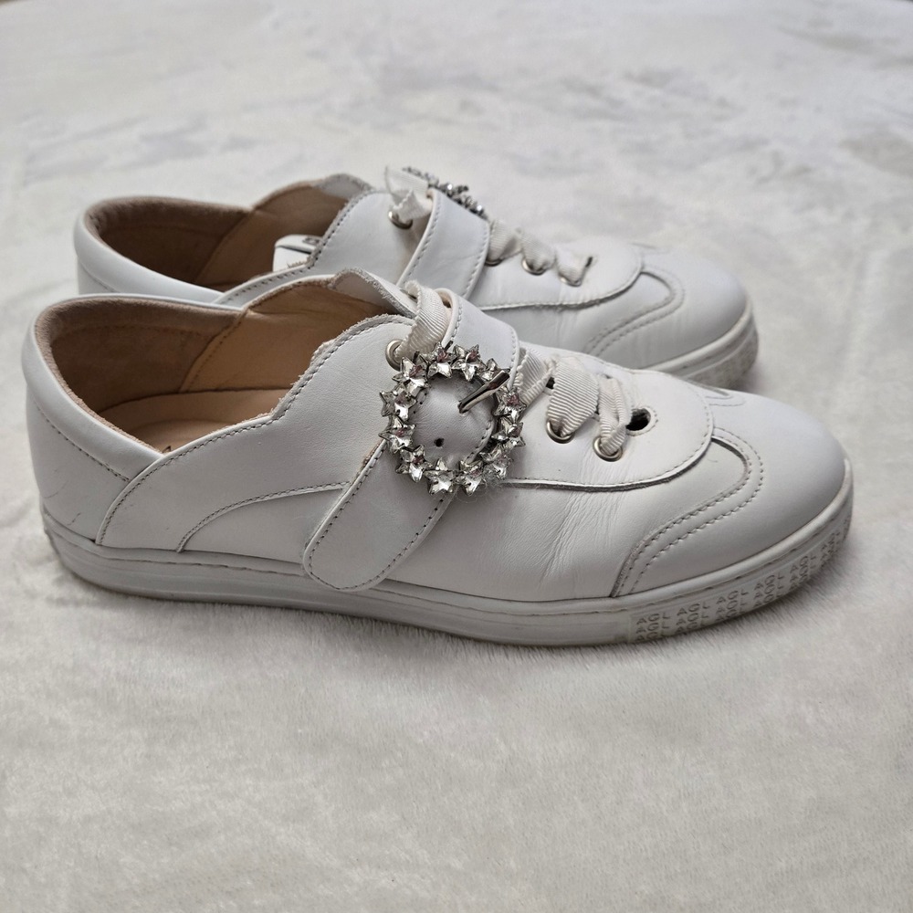 AGL White Leather Sneakers Star‎ Buckle Embellished Lace Up Shoes Womens 6.5